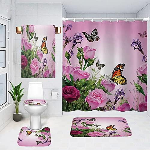 Bathroom Shower Curtains 5 sets, Waterproof Fabric Bathroom Curtain with 12 Hooks, Toilet Lid Cover and Bath Mat, Non-slip Rug Foot mat, Beach Towel, Sunflower, Large