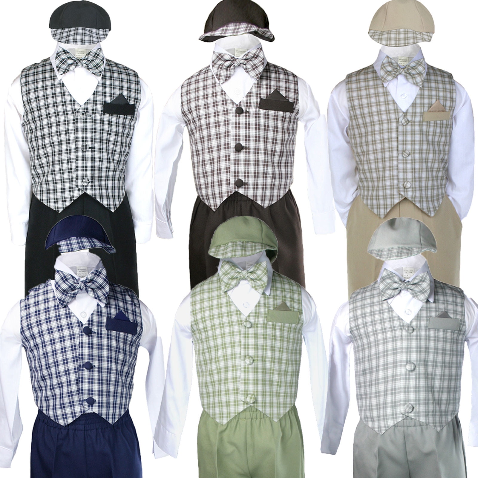 Unotux 5pc Boy Checks Gingham Eton Formal Navy Blue Short Vest Set Suit Hat S-4T 2T
