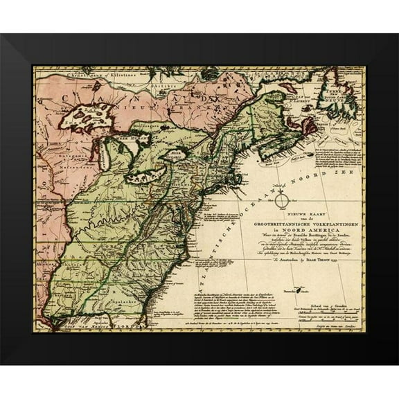 Vintage Maps 14x12 Black Modern Framed Museum Art Print Titled - Great Britain and French Settlements in North America