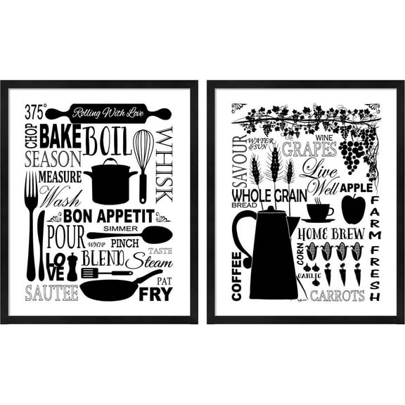 Great Art Now Culinary Love (black & white) by Leslie Fuqua, 2 Piece Framed Art Set Each 17.25"W x 21.25"H