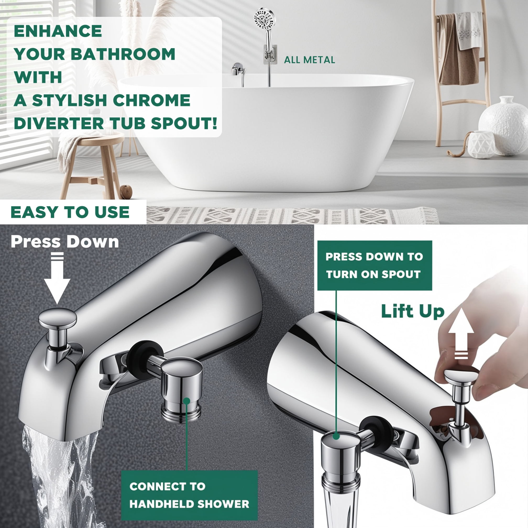 FETERVIC Bathtub Faucet with Sprayer, Slip-on Tub Spout, High Pressure Handheld Shower Head 10 Spray Settings with Diverter