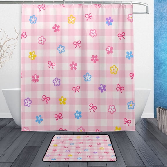 TTYFWHD 60" x 72" Shower Curtain and Bath Mat Set Sweet Gingham Floral Bows Waterproof Bathroom Curtain with 12 Hooks, Bathroom Decor Set