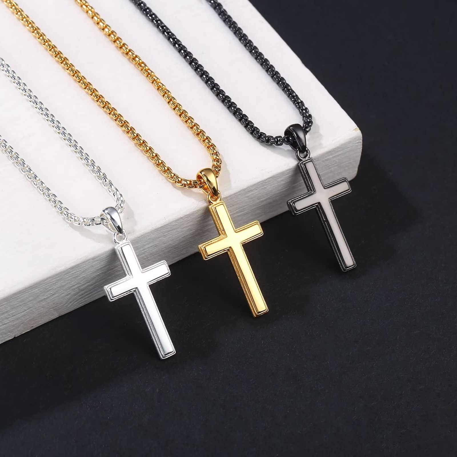 Turandoss 925 Sterling Silver Cross Pendant Necklace for Men Boys 18K Black Plated 16-22 inch Box Chain Mens Jewelry Christian Religious Valentine's Day Birthday Gifts for Men Father Husband Grandpa