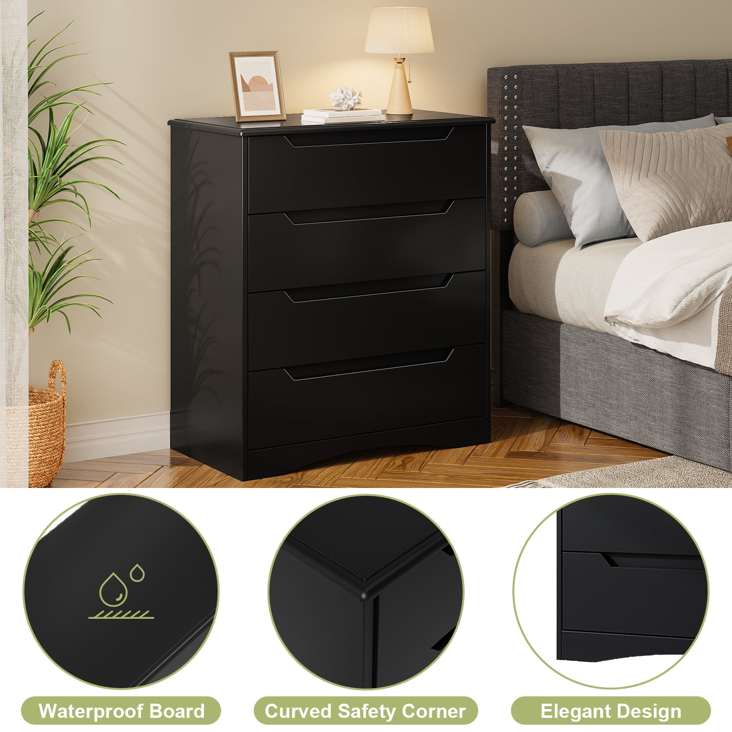 Dresser for Bedroom, Lofka 4 Drawer Dresser with Cutout Handles, Anti-Tip Safety, Large Storage Capacity, Modern Wood Chest of Drawers, Black