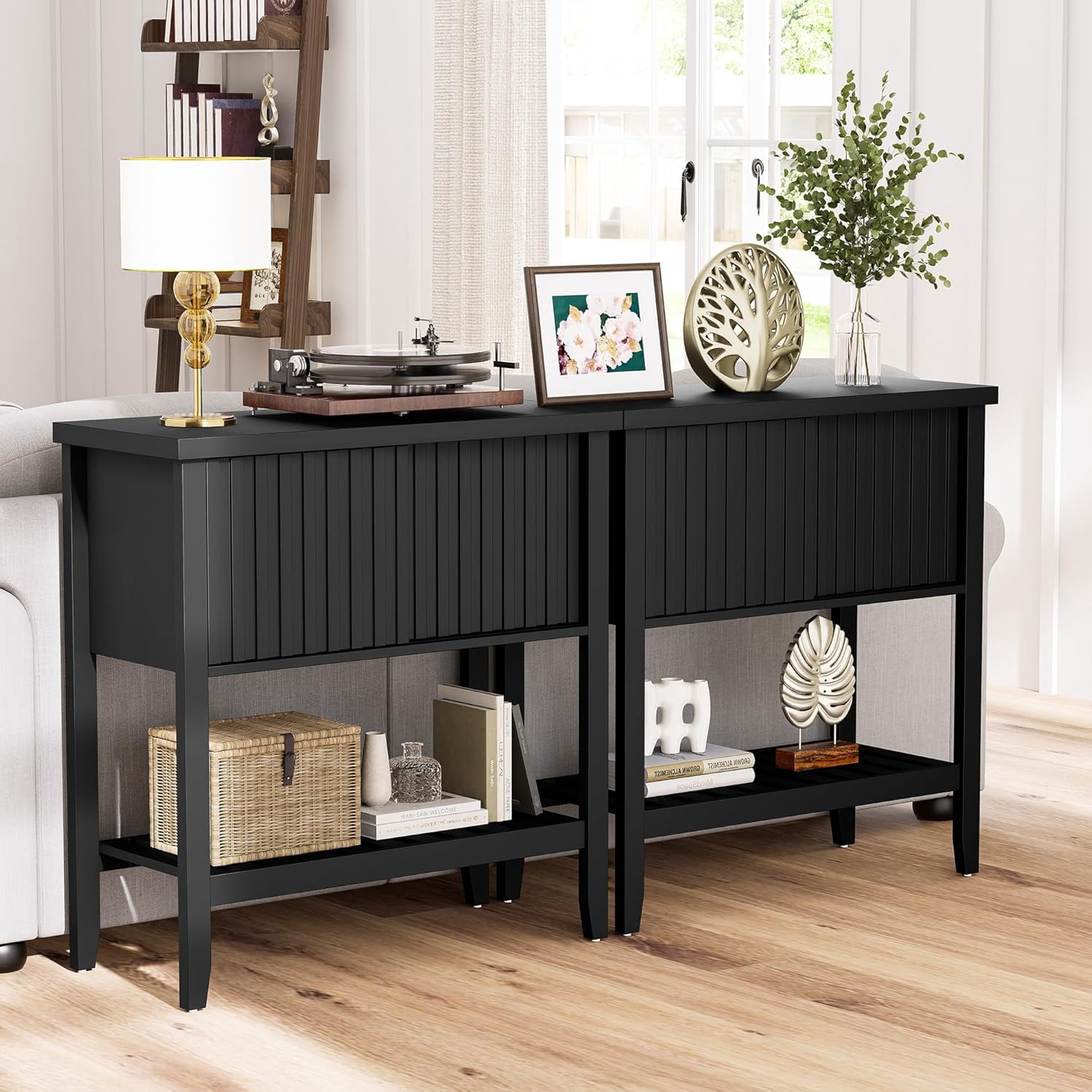 FROMJBEST 31.5" Black Entryway Console Table with Sliding Drawer Doors and Storage Shelf for Hallway, Living Room, or Office