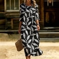 thumbnail image 6 of Ayolanni Floral Women's Fall Dress 3/4 Sleeve Crew Neck A-Line Maxi Dress Flowy Beach Boho Pleated Long Dress Black L, 6 of 6