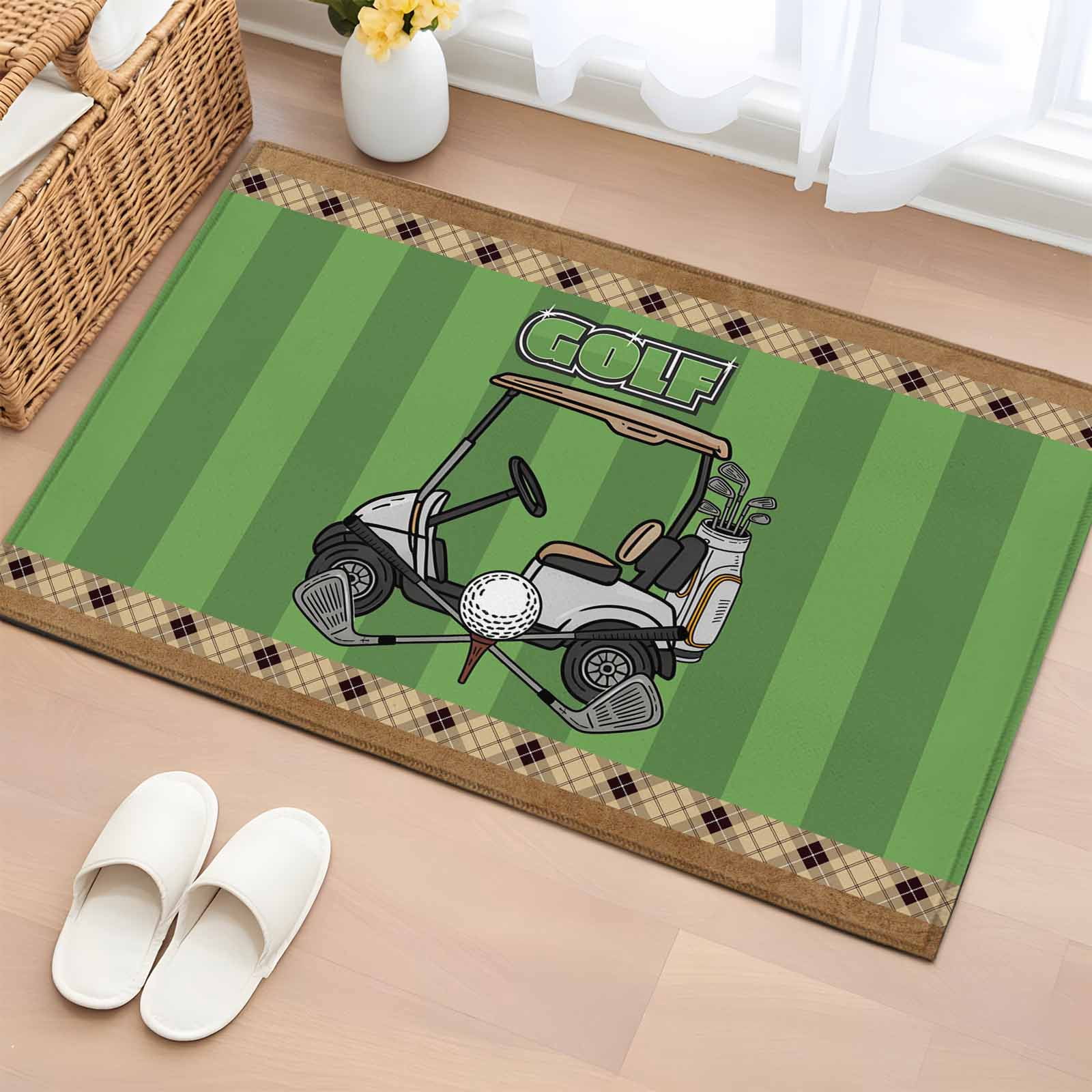 Entrance Runner Rug 2'x3', Golf Balls Non-slip Doormat for Indoor Outdoor Entrance, Green Sports Art Truck Brown Lattice Washable Throw Floor Mat for Front Door/Living Room/Bedroom/Bathroom/Kitchen