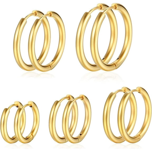 5 Pairs Gold Hoop Earrings for Women | 18K Gold Plated Huggie Hoop Earrings Set Hypoallergenic Cartilage Earrings Lightweight Hoop Earrings Set 5 Size 12/14/16/18/20mm