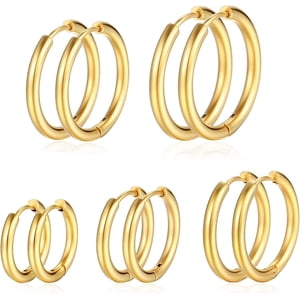 5 Pairs Gold Hoop Earrings for Women | 18K Gold Plated Huggie Hoop Earrings Set Hypoallergenic Cartilage Earrings Lightweight Hoop Earrings Set 5 Size 12/14/16/18/20mm