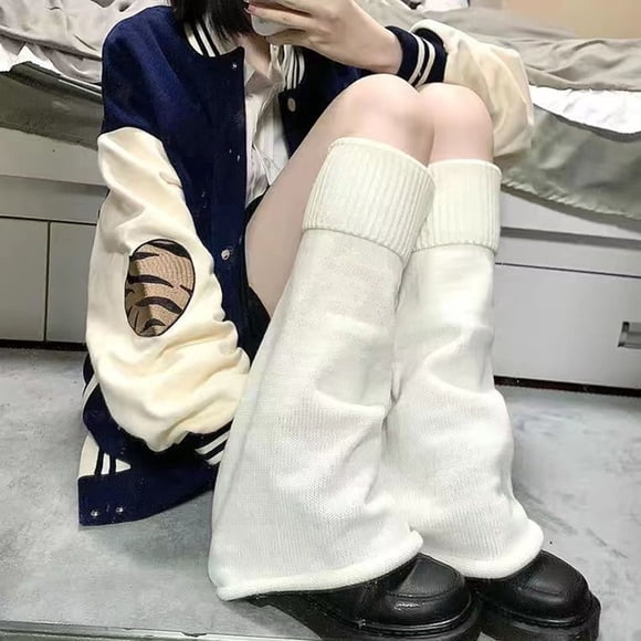 Knitted Leg Warmers Women Leg 1 Pair Japanese Style Flared Shape Long Student Leg Elastic Cuffs Solid Colour Striped Loose Knitted Leg Fashion,White Polyester Base Warmers