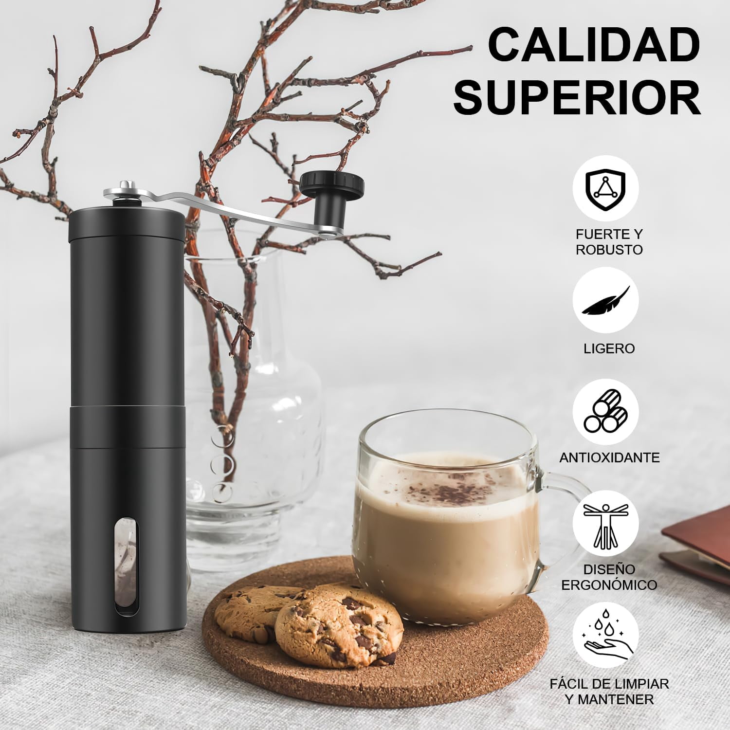 Manual Stainless Steel Coffee Grinder, Coffee Bean Grinder with Adjustable Ceramic Burr, Portable for Office, Home, Camping (Black)
