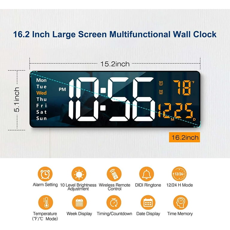 Digital Wall Clock Large Display, 16.2” LED Digital Clock with Temperature  and Auto Dimming, Easy Track The Time, Date and Day of Week, with Remote