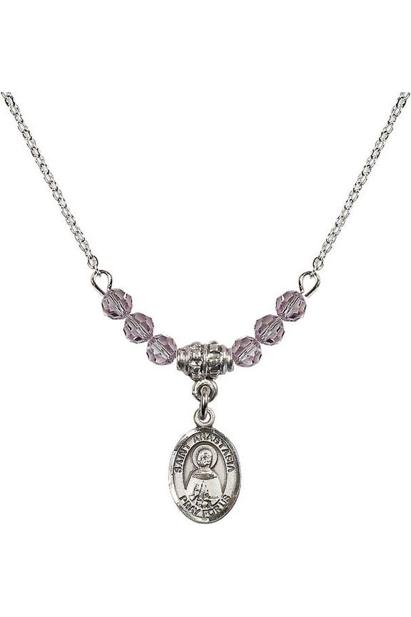 18-Inch Rhodium Plated Necklace with 4mm Light Purple February Birth Month Stone Beads and Saint Anastasia Charm