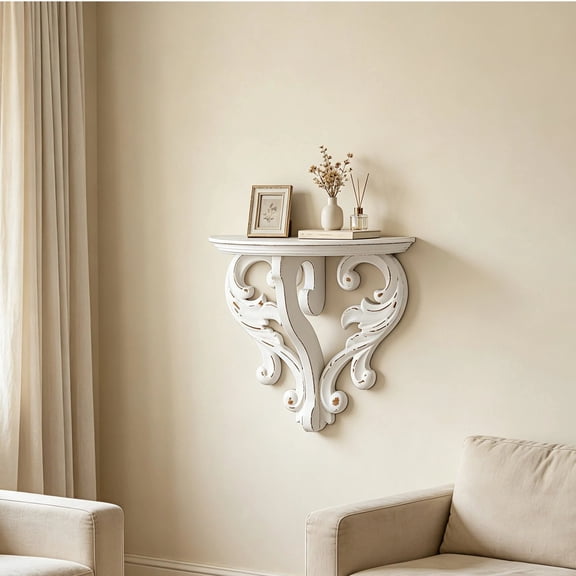 SOFE Vintage Wooden Wall Shelf, Distressed White Drop Shape Floating Shelves for Small Spaces, 10" Wide Decorative Shelf for Plants, Books, Entryway & Office