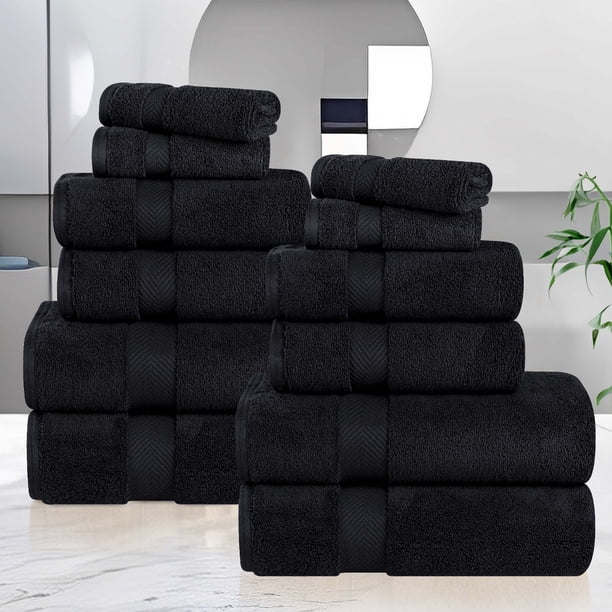 Superior Zero Twist Cotton 12 Piece Assorted Towel Set, Black