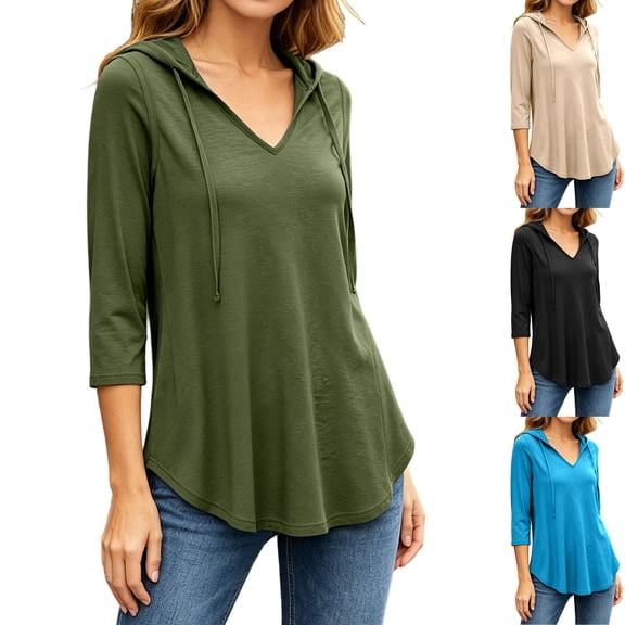 Women's Plus 3/4 Sleeve Tunic Tops Drawstring Hoodie V Neck Loose Fit Curved Hem Hooded Shirts to Wear with Leggings Fall Casual Outfits, Army Green, L