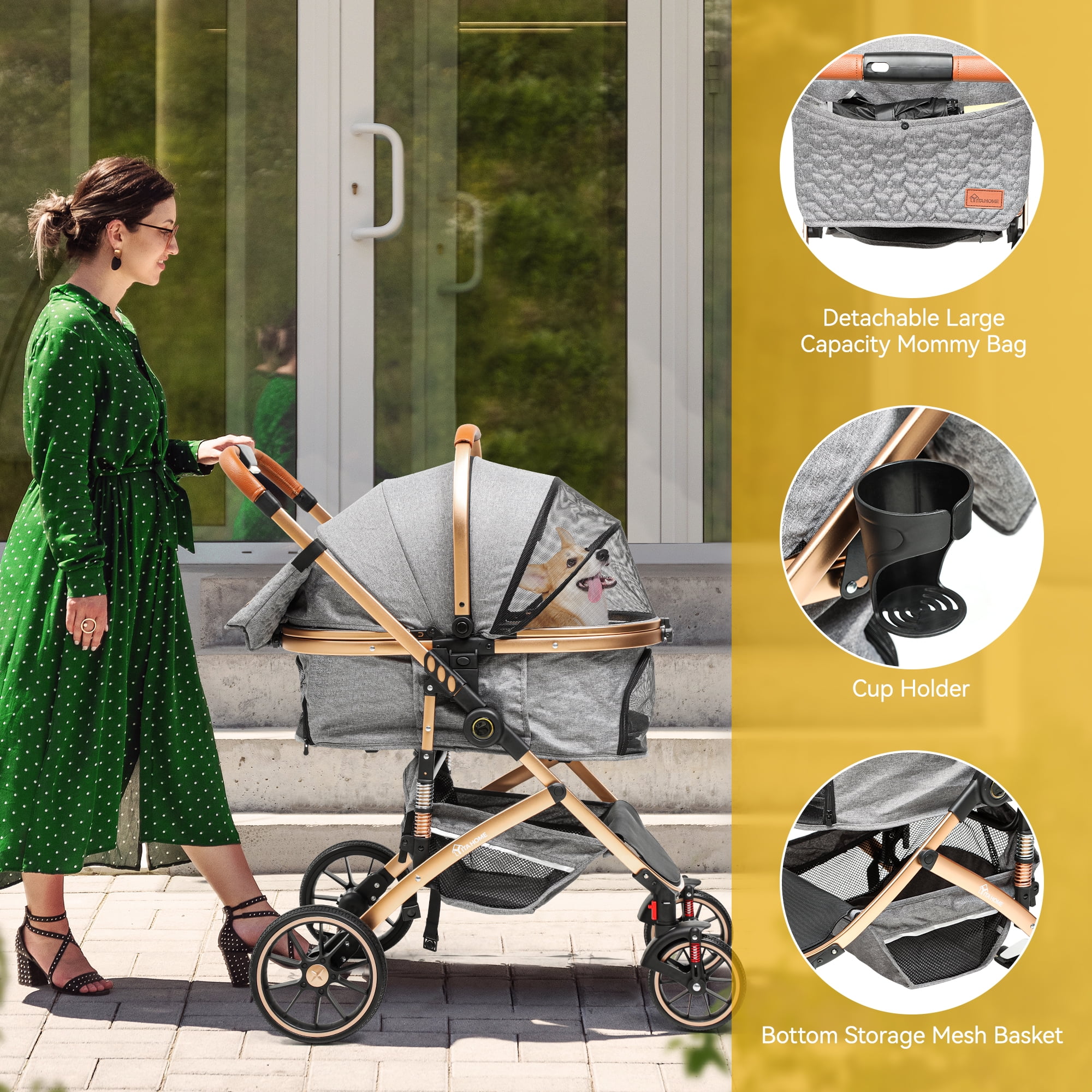 Dextrus 3-in-1 Dog Stroller with Detachable Storage Basket, Foldable Design & 360° Rotating Wheels – Ideal Pet Stroller for Small to Medium Dogs and Cats, Grey