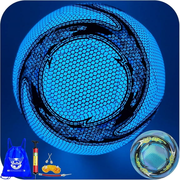 Soccer Ball Glow in The Dark Blue, Glowing Soccer Ball Size 4/5 for Men Women Night Games, with Pump and Carry Bag