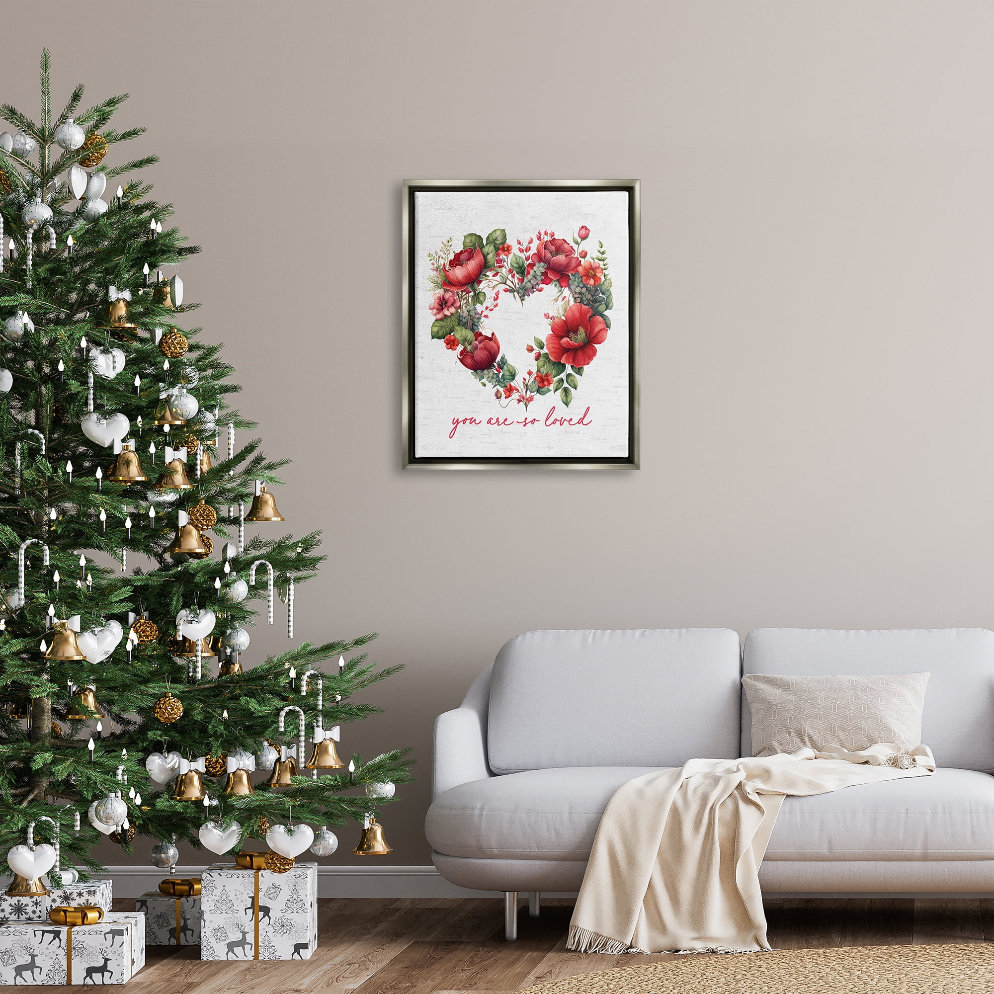 Stupell Industries Valentine's Heart Shaped Wreath Botanical & Floral Painting Gray Floater Framed Canvas Art Print Wall Art, 25 x 31
