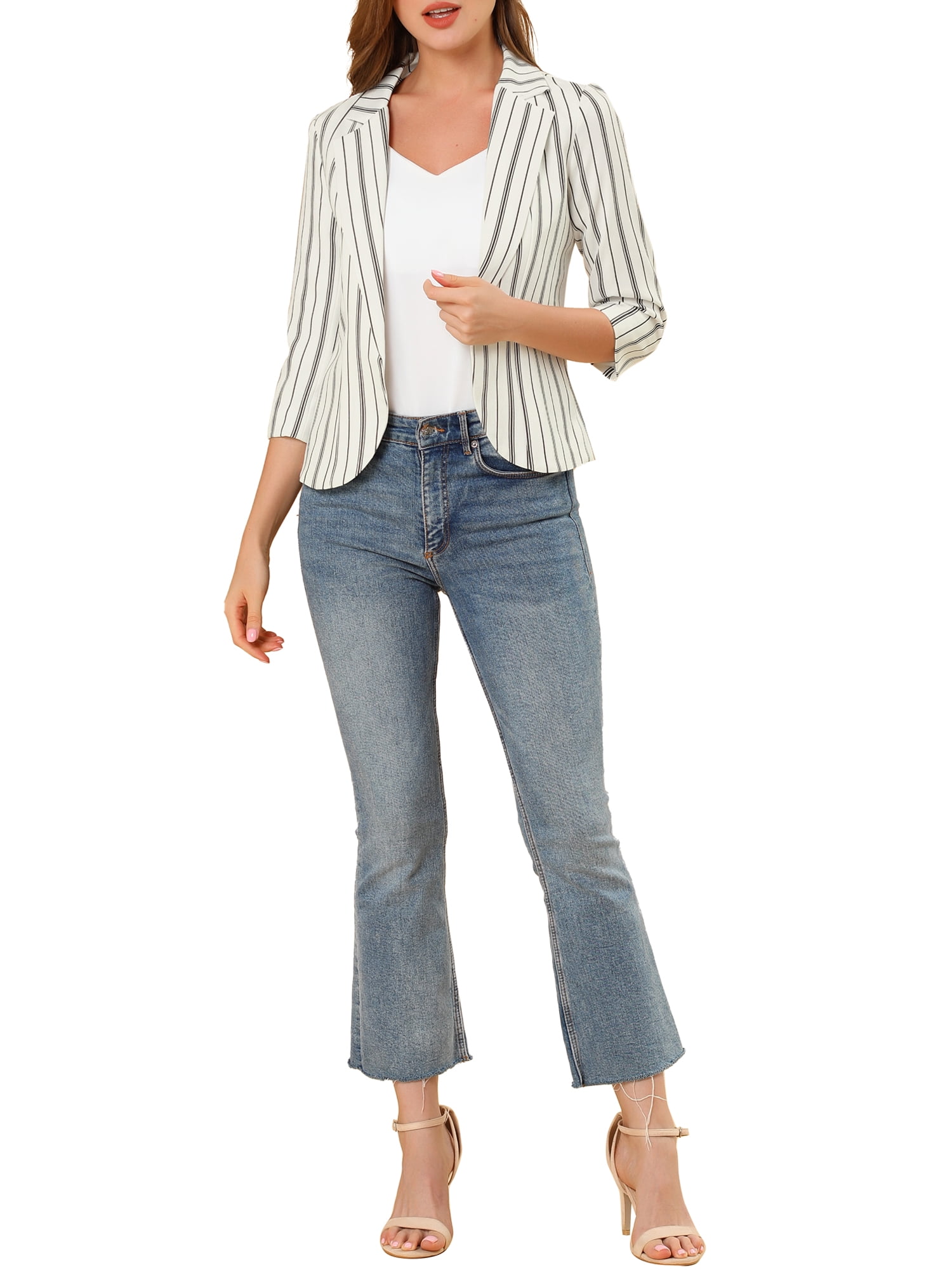 DARING DIVA Women's Striped Open Front Notched Lapel Blazer XL White
