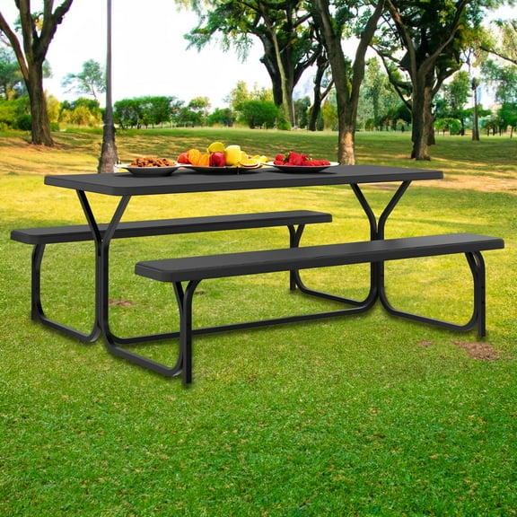 Uforic 6ft Outdoor Picnic Table Set with Benches, Sturdy Steel Frame & Wood Grain Tabletop, Weather-Resistant w/Umbrella Hole, Black