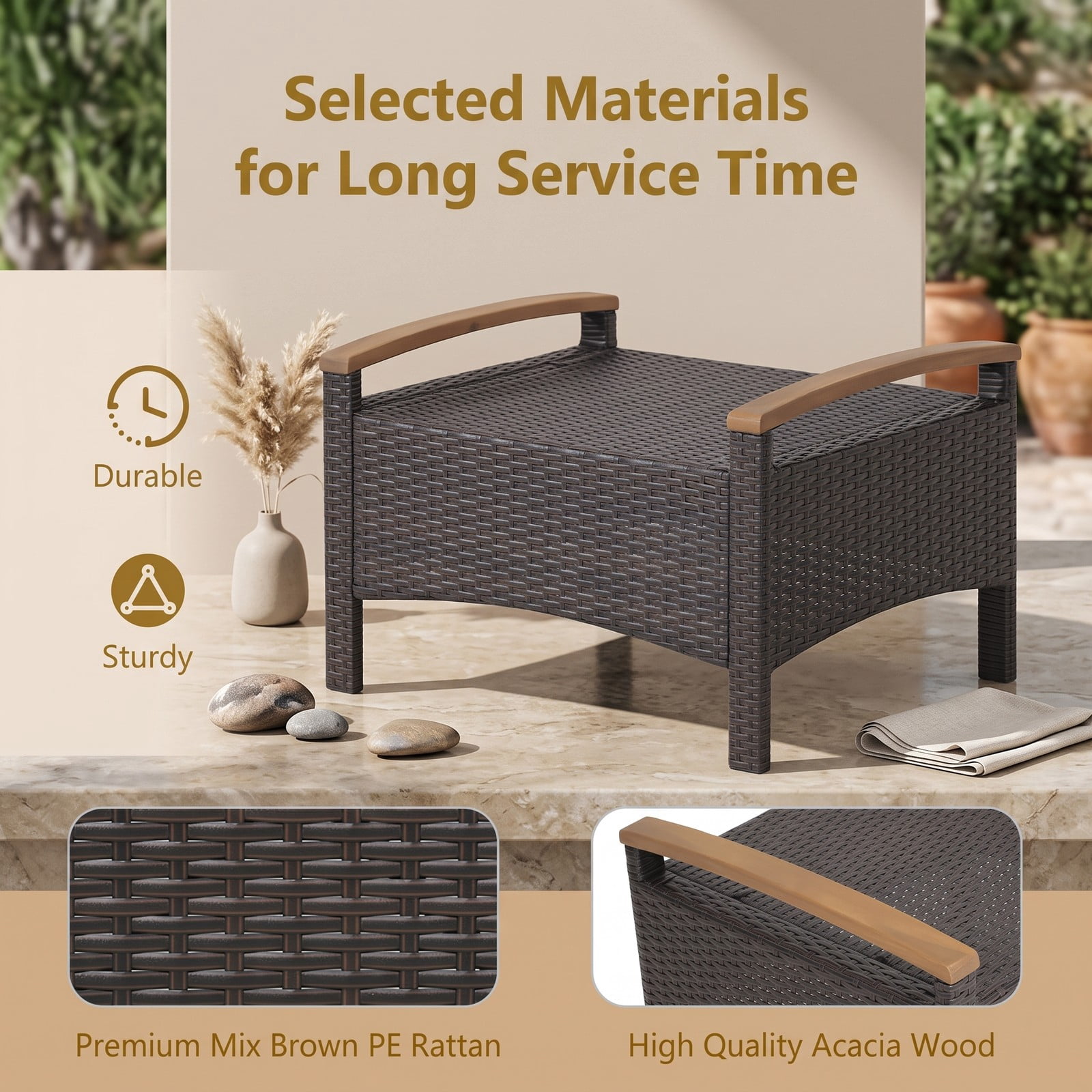 Furnibear Set of 2 Fade-Resistant PE Wicker Patio Ottomans with Cushions and Wood Handles for Outdoor Foot Rest and Extra Seating, Gray