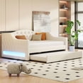 thumbnail image 2 of Full XL Daybed with LED & Trundle, Beige Linen Upholstery, Wood Frame for Bedroom. Modern design with adjustable LED lights, no box spring needed. Extra sleeping space., 2 of 18