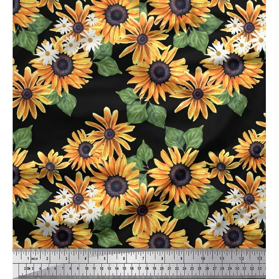 Soimoi Black Rayon Crepe Fabric Leaves & Sunflower Floral Print Fabric by Yard 46 Inch Wide