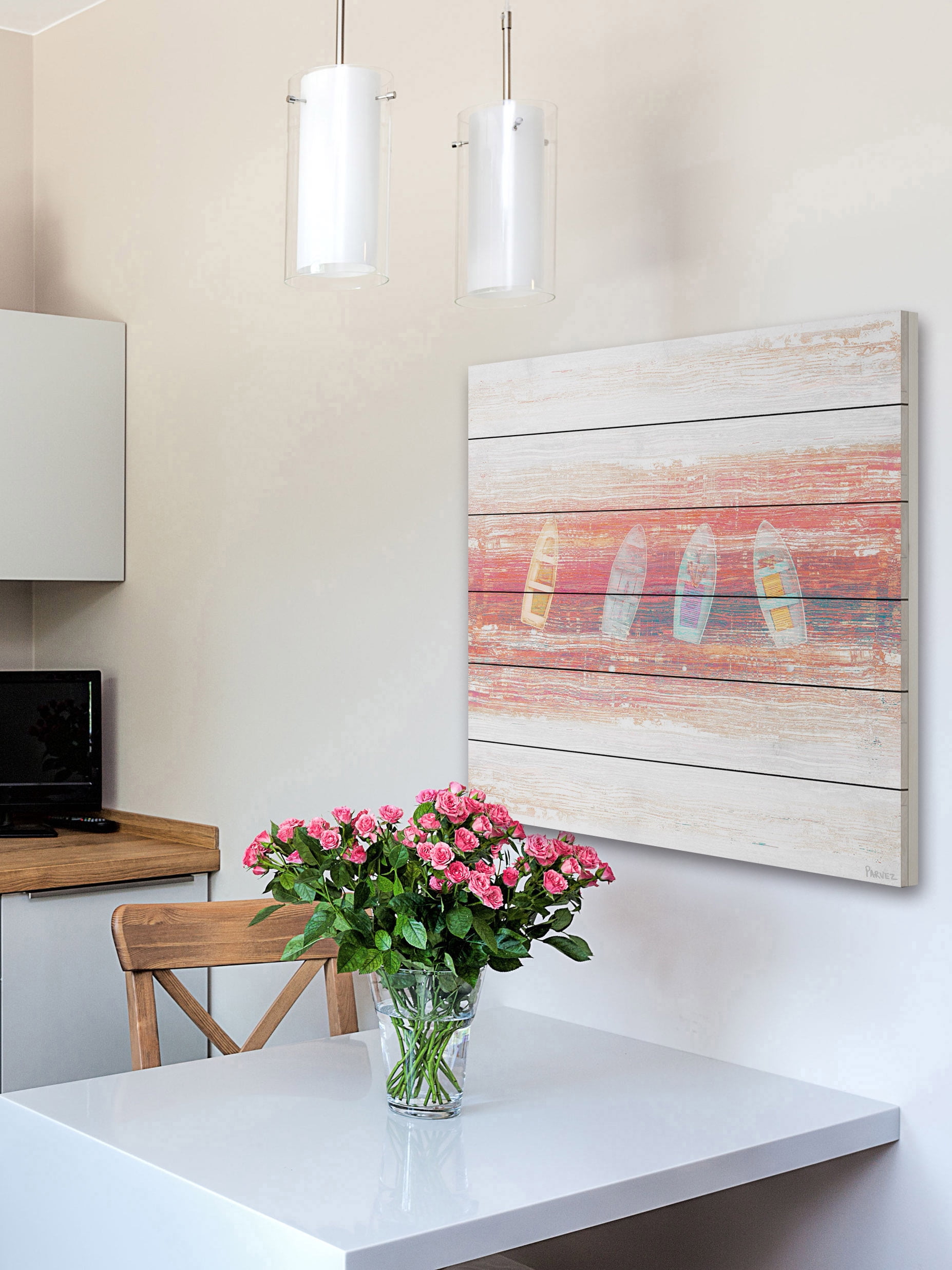 "Four Small Boats" Painting Print on White Wood