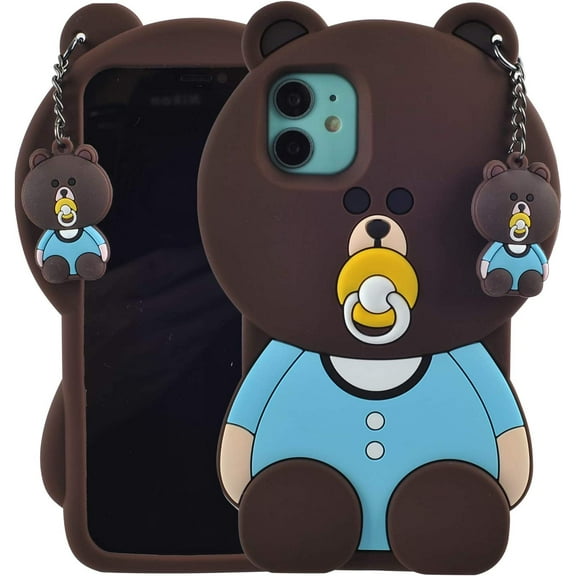 Cartoon Case for iPhone 11 6.1",3D Cute Soft Silicone Rubber Protective Gel Back Cover for Kids Girls (Bear-2, iPhone 11 6.1")