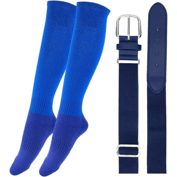Team Sport Knee High Socks Baseball Belt and Socks Combo Set Solid Color Elastic Polyester PU Leather Adjustable Softball Waist Belt Waistband with Alloy Clasp for Youth Adult(Blue)