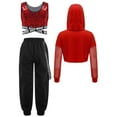 thumbnail image 2 of TiaoBug Kids Girls Hip Hop Jazz Street Dance Outfits Sequins Vest & Long Sleeve Crop Top & Cargo Pants Set Red 6, 2 of 3