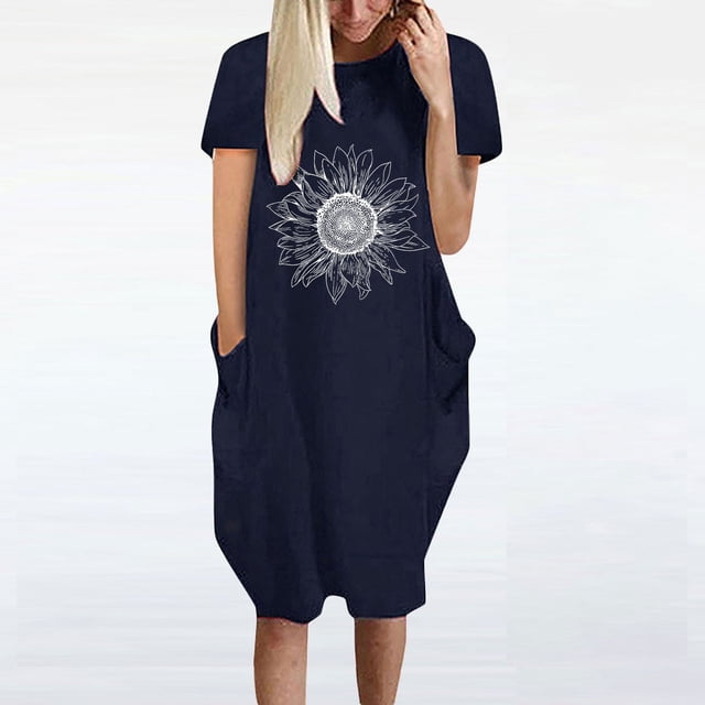 Jusqu'à 65 % de Réduction! Robes de Mode Été pour Femmes 2024 Grande Taille Robe Décontractée Ample Imprimé Tournesol Manches Courtes Col en V
