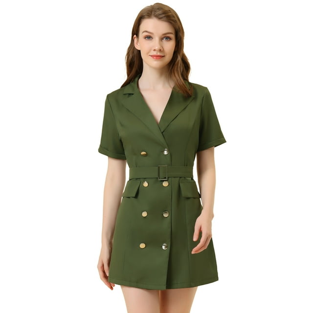 INSPIRE CHIC Robe Blazer Décontractée pour Femme à Revers Cranté, Double Boutonnage, Ceinturée, Très Petit, Vert Foncé