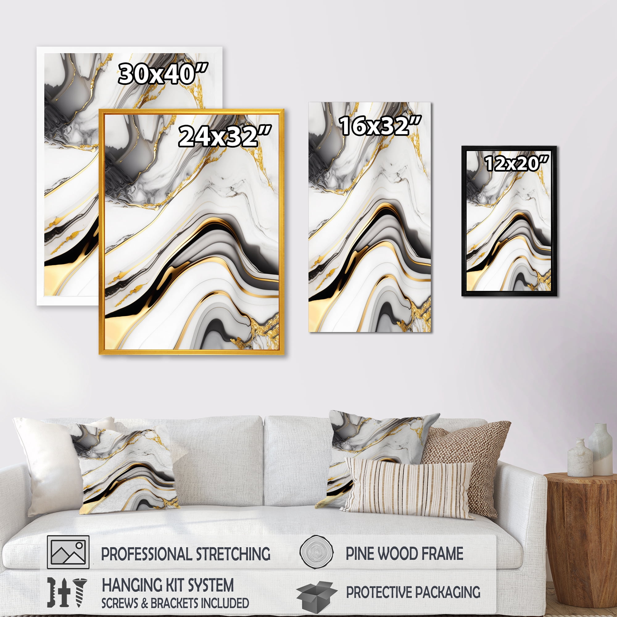 Designart Abstract Geode Marble Waves Grey IV Canvas Wall Art