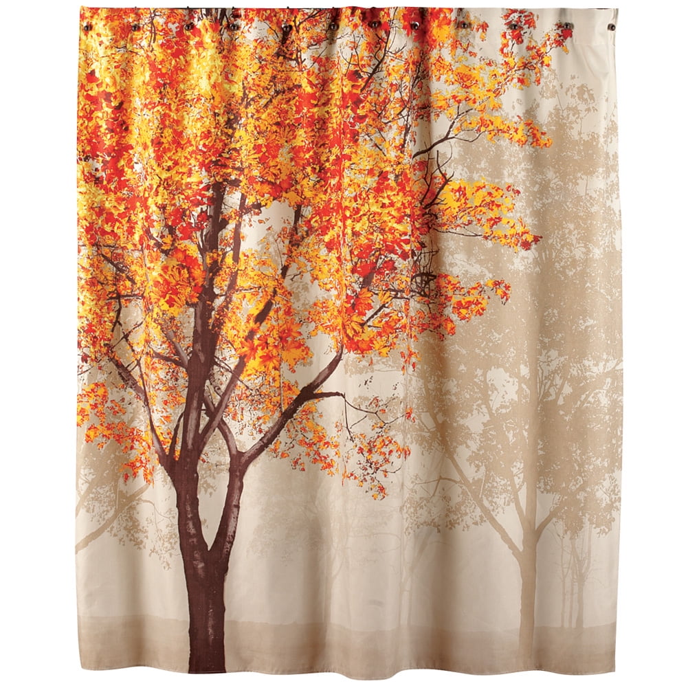Autumn Park Red Maple Forest Bathroom Fabric Shower Curtain Set w/ Free Hooks 