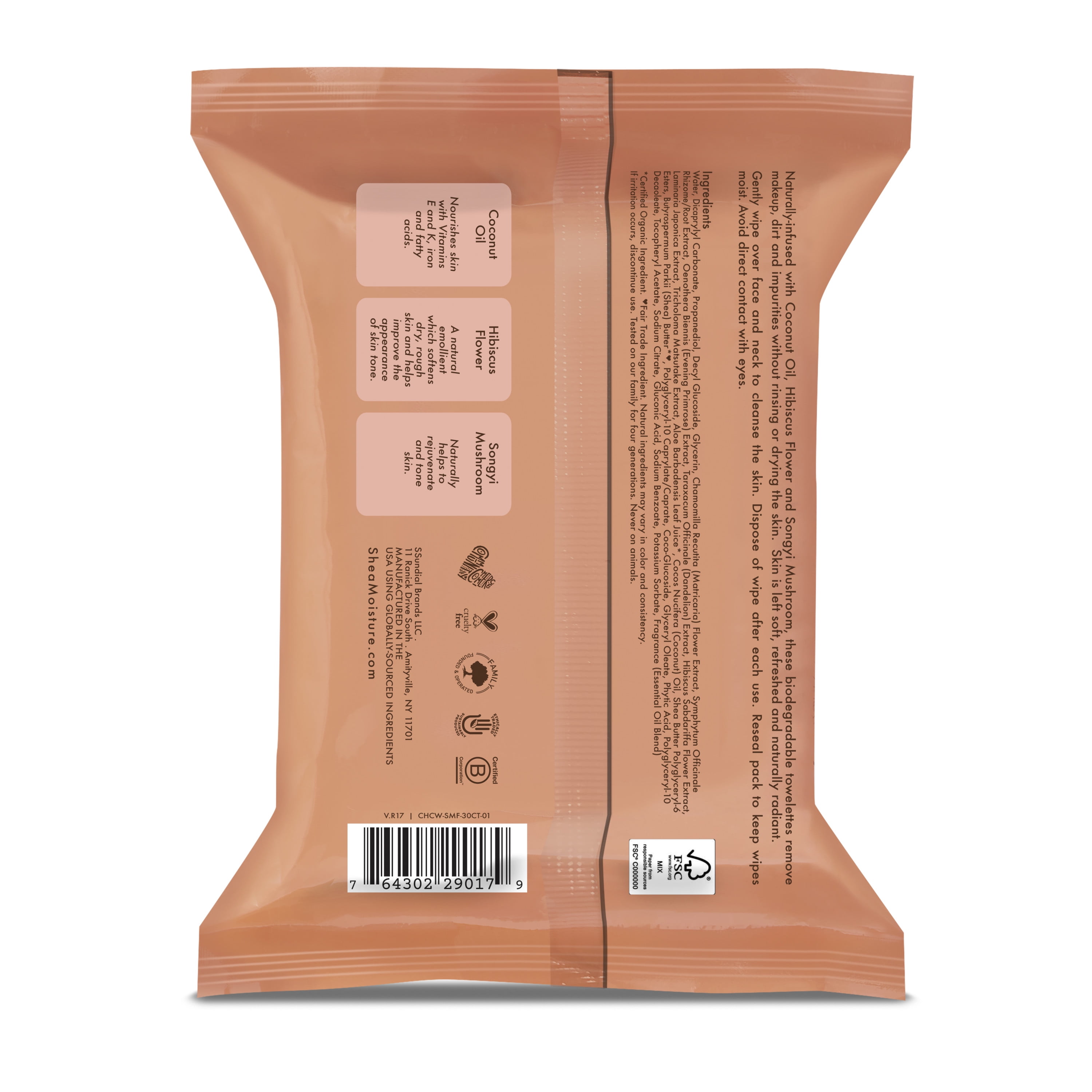 SheaMoisture Radiance Facial Wipes for Dull Skin Coconut and Hibiscus Paraben Free Skin Care 30 Count