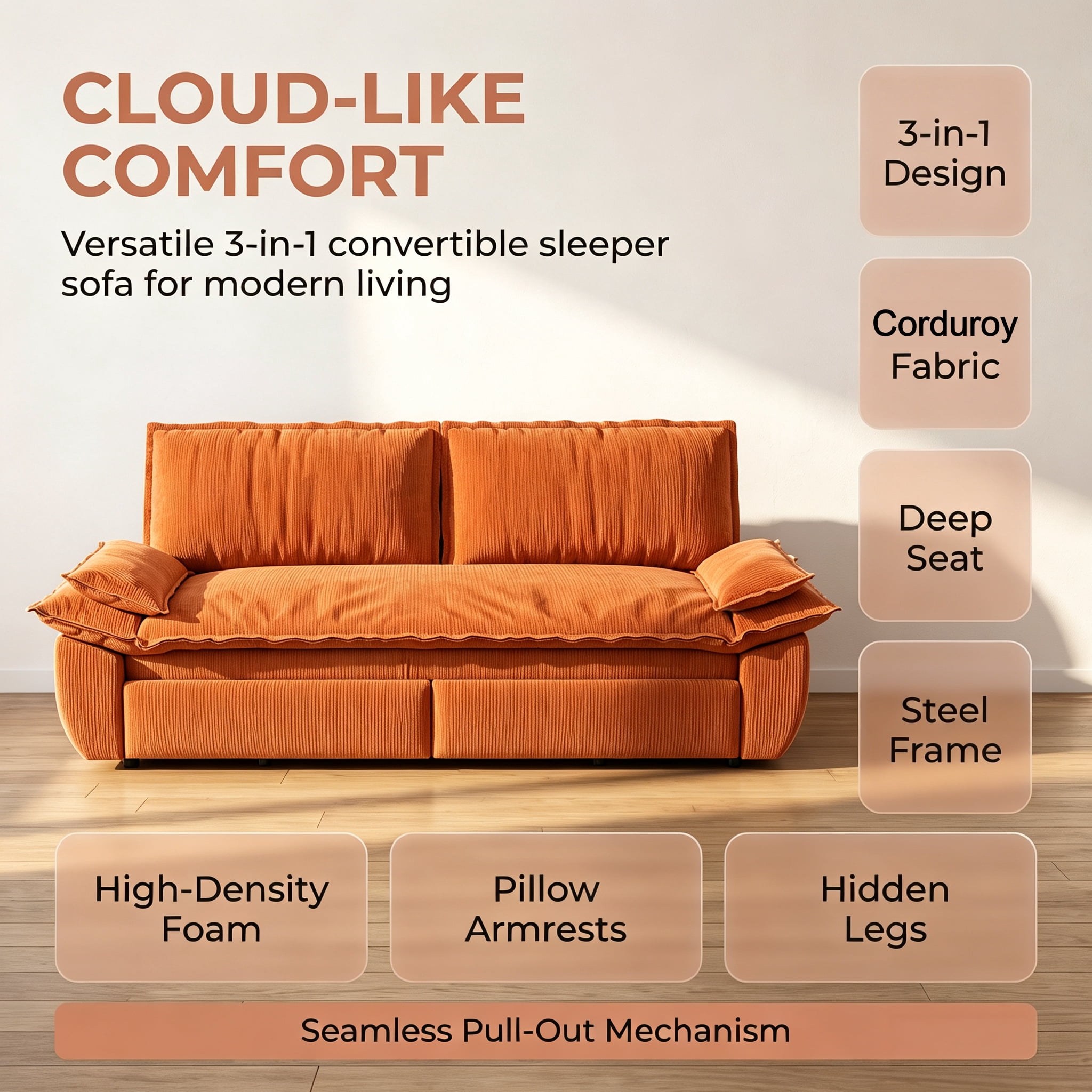 3-in-1 Queen Convertible Sleeper Sofa Bed, 73.2" Corduroy Pull Out Couch with Extra Deep Seat & Pillow Top Armrests, Modern Folding Futon Lounge, Orange