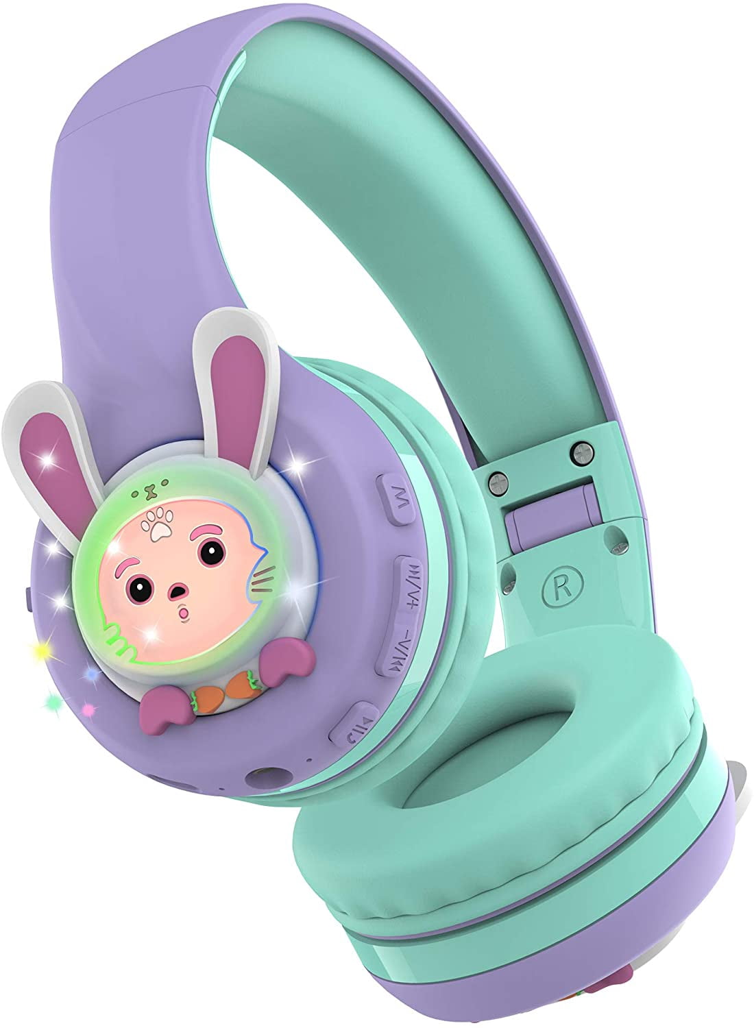 Riwbox RB-7S Rabbit Kids Headphones Wireless, LED Light Up Bluetooth Over Ear Headset Volume Limited Safe 75dB/85dB/95dB with Mic and TF-Card, Children Headphones for Girls Boys (Purple&Green)