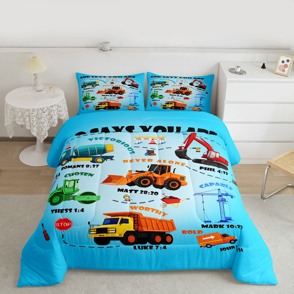 Manfei Construction Truck Bedding Comforter Set,Excavator Twin Comforter Sets,Equipment Vehicles Bulldozer Bedding Set For Boys Teens,Microfiber Bedroom Decor Reversible,2 Pieces