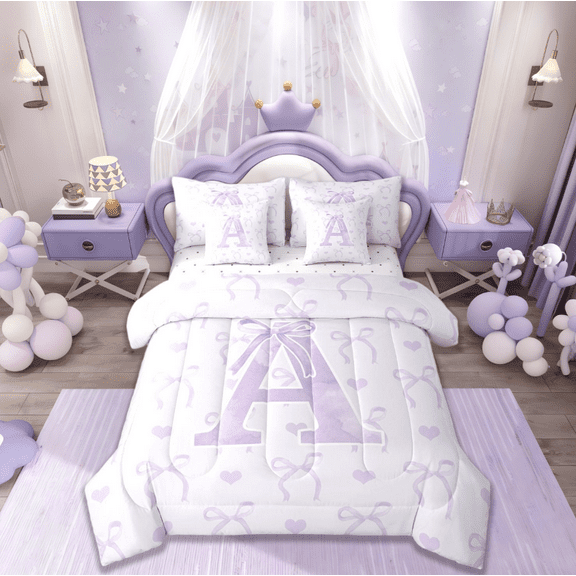 jejeloiu Monogrammed A Twin Bedding Sets 7-Piece,Cute Bowknot Bowtie Bedding Comforter Set,Light Purple White Sheet Sets,Microfiber Room Decorative Reversible