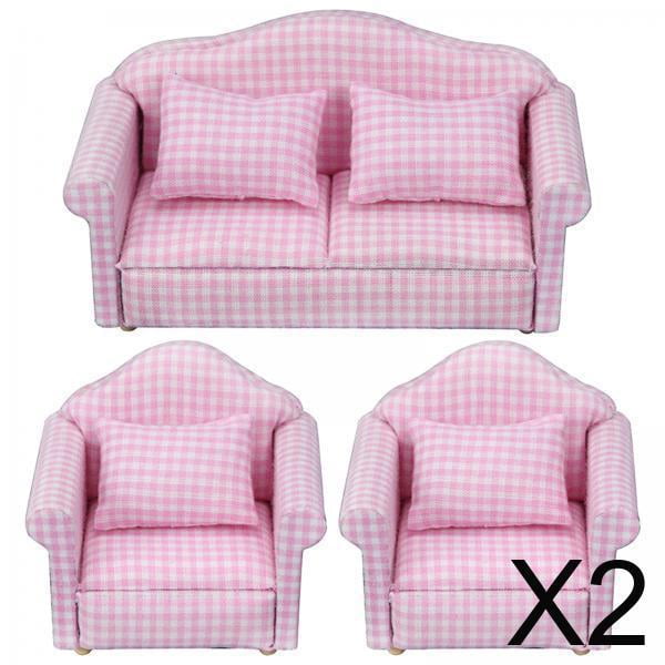 Juego De 3 Sofás En Miniatura Para Casa De Muñecas – Escala 1:12, Doble Sofá + 2 Individuales, Tela Con Estampado Floral, Decoración Para Salón