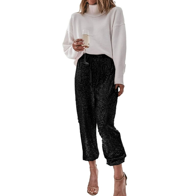 Sequin Pants for Women Trendy 2023 High Waisted Ruffles Bow Tie Wide Leg Pants  Glitter Sparkly Cocktail Ankle Pants (XX-Large, Black 12) 