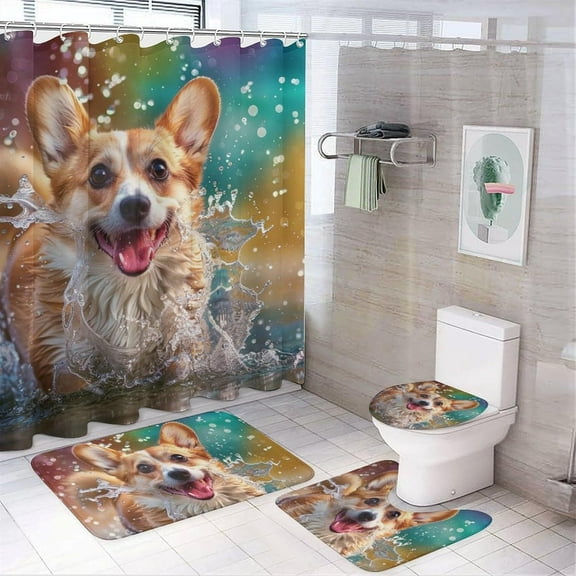 4Pcs Corgi Dog Animal Shower Curtain Set with Rugs, Toilet Lid Cover and Bath Mat, Glam Rainbow Water Wave Bathroom Curtains Decor Shower Curtains, 72" x 72"