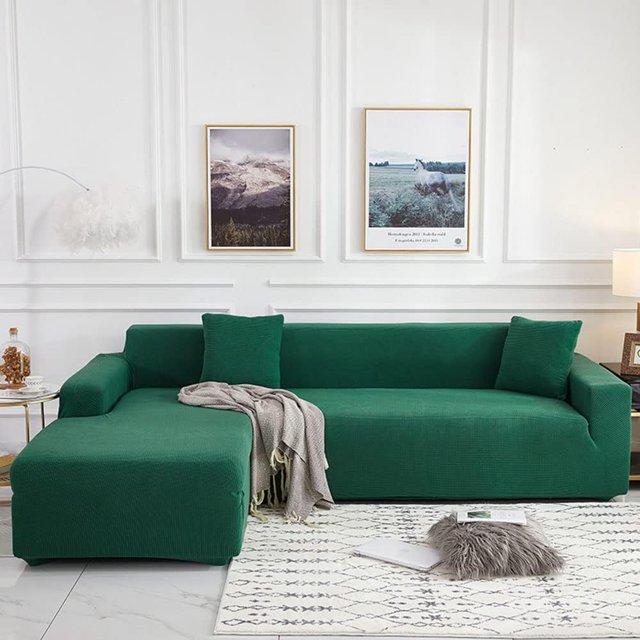 Housse de Canapé Sectionnel 2 Pcs en Polyester Extensible Forme L Housse de Canapé Couleur Unie Douceur - Vert-3-2 Places + 2 Places