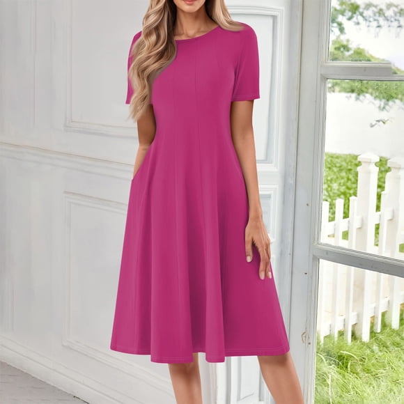 Vêtements pour Femmes Robe Italienne Robes d'Été pour Femmes 2025, Robe Décontractée de Tous les Jours pour le Trajet, Couleur Unie, Beaucoup de Petites Fleurs, Col Rond, Manches Courtes, avec Poches et une Longueur Longue