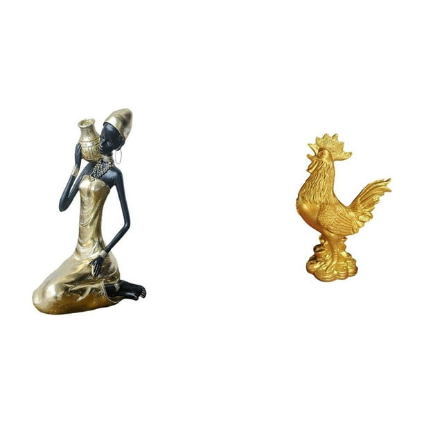 Estatua De Resina De Una Mujer Tribal Africana Y Figura De Gallo. Decoración Feng Shui. Pieza De Arte Coleccionable Hecha A Mano Para Estudio O Decoración Del Hogar. Escultura De Gallo Para