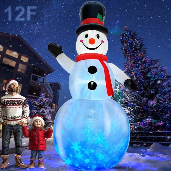 Rotating Snowflake Lights 12 Ft Giant Christmas Inflatables Snowman with Built-in LED Lights Christmas Decorations Outdoor Xmas Blow Up Snowman Hold Gift Box for Yard Garden Holiday Party Decor