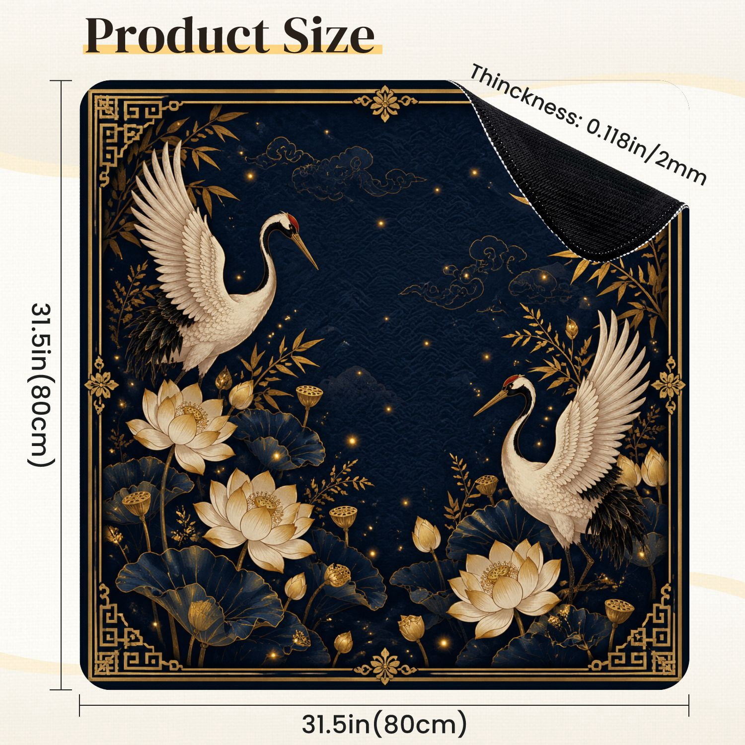Mahjong Mat 31.5" x 31.5" Elegant White Cranes Golden Lotus Flowers Leaves Dark Blue Night Sky Non-Slip Noise Reduction Mahjong Tiles Table Cover for Dominoes Poker Card Board and Tile Games