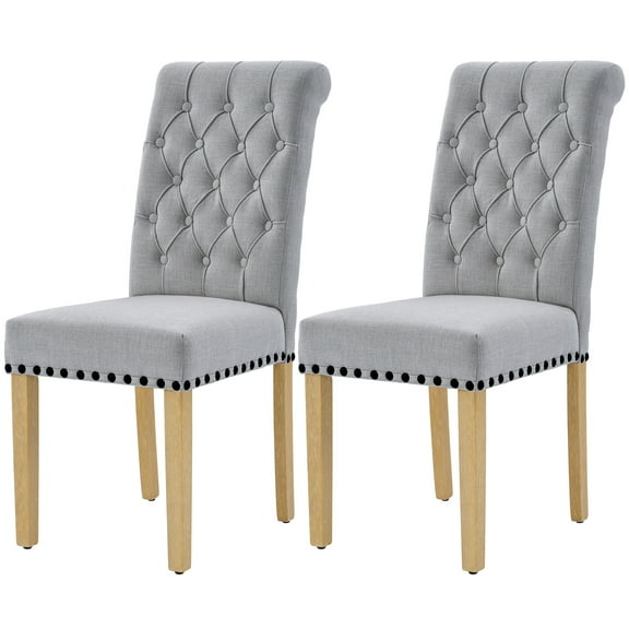 Foredo Fabric Dining Chairs Set of 2, Linen Upholstered Dining Chair with Tufted Back and Solid Wood Legs, Parsons Chair for Living Dining Room, Light Gray
